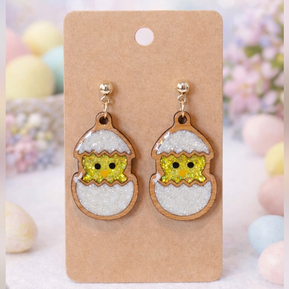Handmade Resin & Wood Glitter Easter Chick Earrings